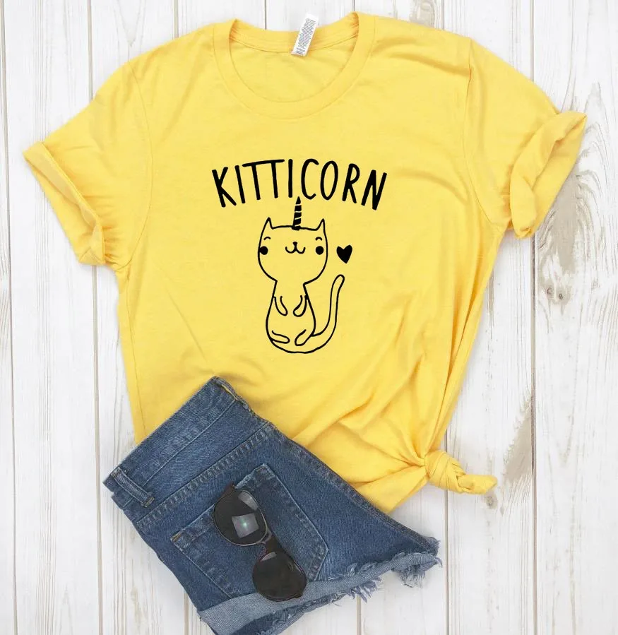 KITTICORN, котенок, единорог, кошка, принт, женская футболка, повседневная, хлопок, хипстер, забавная футболка для девочек, топ, футболка, 6 цветов, Прямая поставка, BA-53 - Цвет: Цвет: желтый