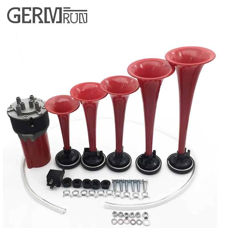 

Universal 12V/24V tuning performance electrical air music horn five pipe air horn for car ,vehicle,RV,Lorry,boat