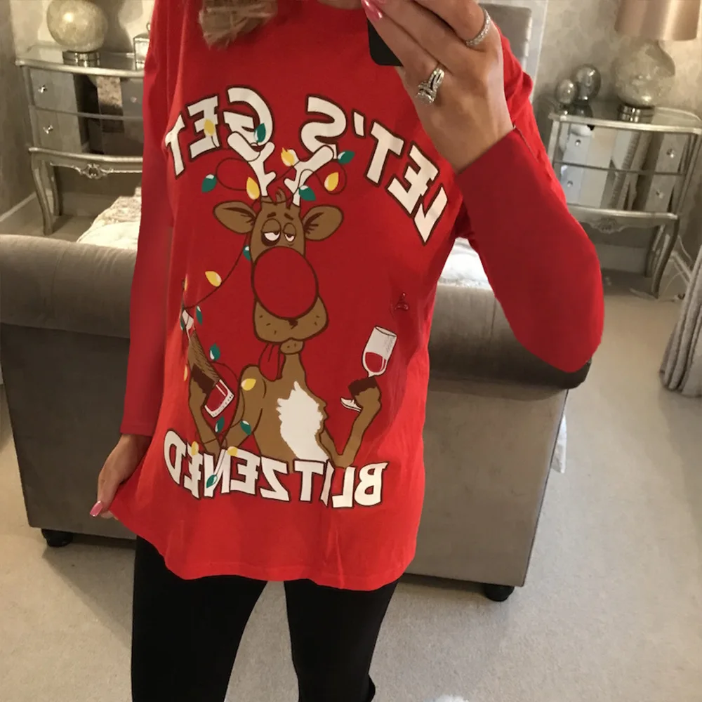 New Female Santa Claus Print Long Sleeve t shirt Women Loose Long Christmas Top Dress Ladies Autumn Winter t-shirt Femme