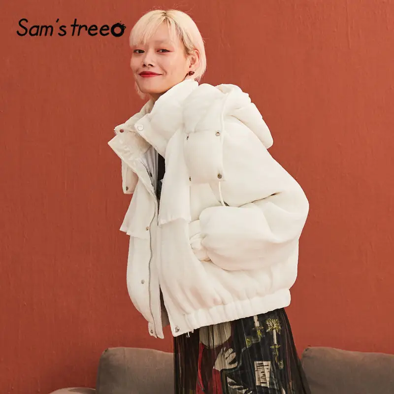SAM'S TREE/белые однотонные прямые толстовки с капюшоном, теплый пуховик для женщин, зимняя Длинная женская парка с эластичным рукавом, верхняя одежда
