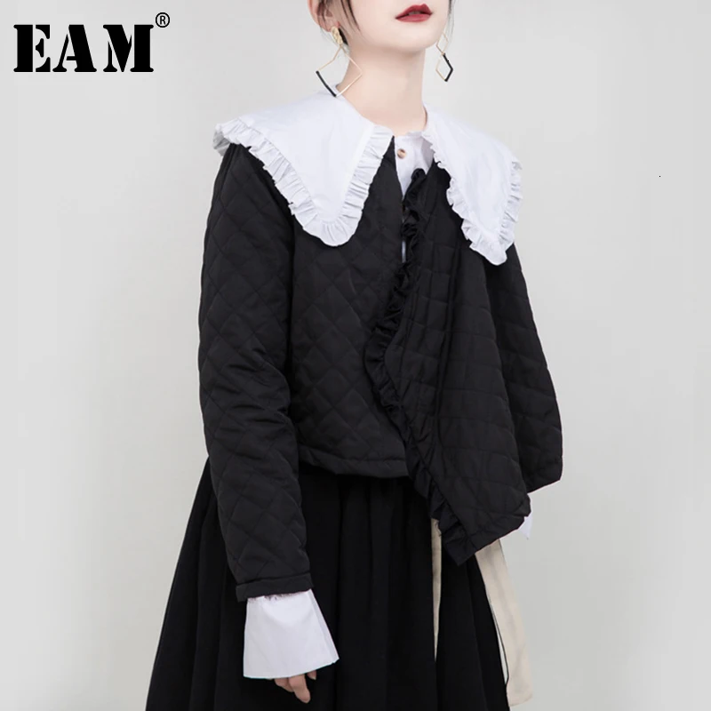 

[EAM] Black Ruffles Short Cotton-padded Coat Long Sleeve Loose Fit Women Parkas Fashion Tide New Autumn Winter 2020 1M943