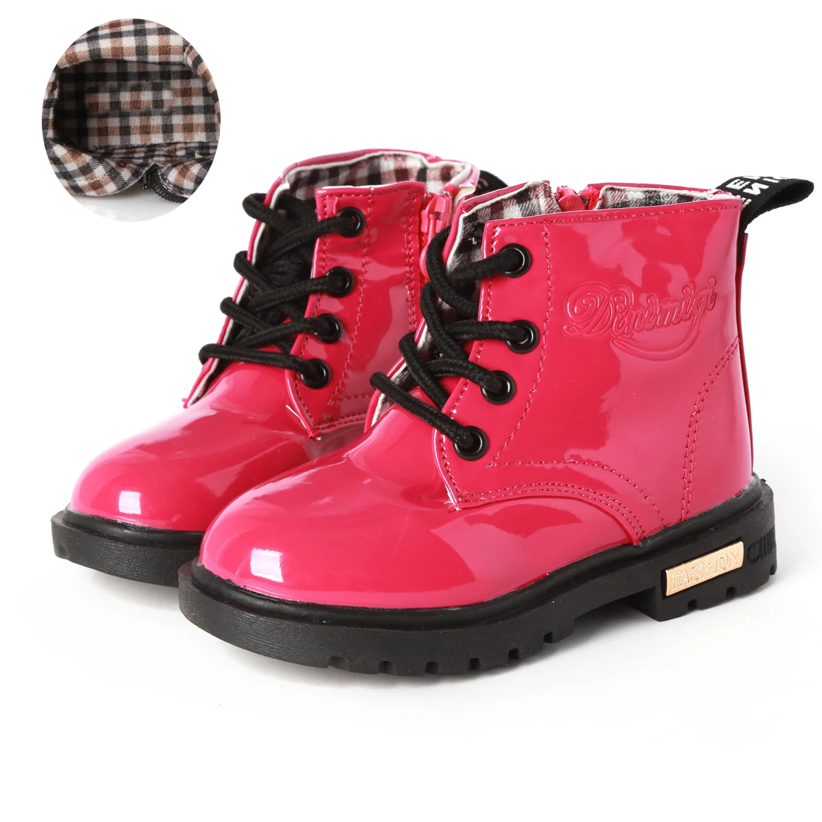 Размер 21-36, Детские водонепроницаемые лыжные ботинки, теплые плюшевые ботинки для девочек, детские ботинки на шнуровке с боковой молнией, Блестящие ботильоны из искусственной кожи для мальчиков - Цвет: Rose red