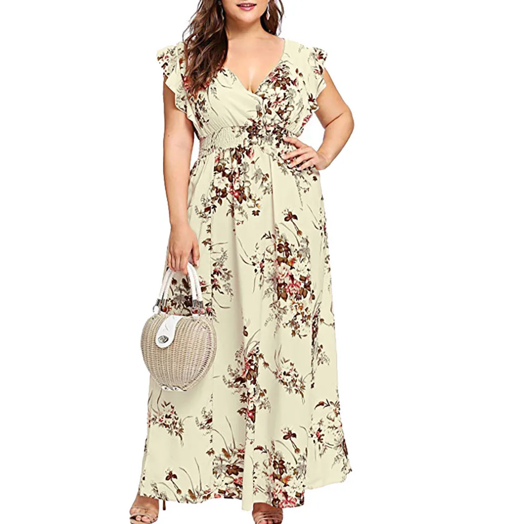 Women Plus Size Summer V Neck Floral Print Boho Sleeveless Party Spring High Quality Dress 1.15 | Женская одежда