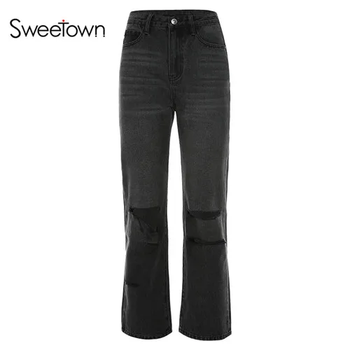 Sweetown/черные повседневные женские мешковатые штаны с дырками в стиле панк, уличная одежда с карманами, брюки с высокой талией, синие корейские рваные джинсовые штаны - Цвет: black