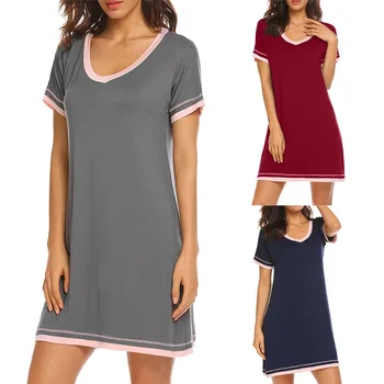 

2020 Spring and Summer New Nightdress Comfortable Round Neck Loose Contrast Color Cotton Short-sleeved Home Service Night Dress