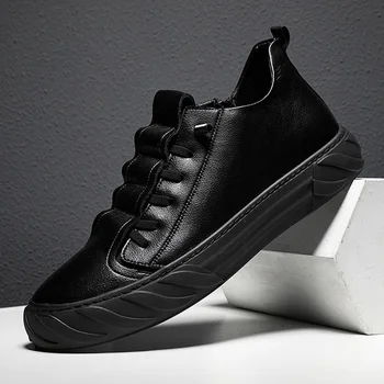 

Men's New Split Leather Shoes Men Black White Fashion Cowhide Casual Shoes Men Lace-Up Breathable Comfort Flats Shoes