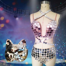 Блестящий зеркальный костюм для женщин, танцевальный костюм, зеркальная маска с лисой, Ds Dj, вечерние, праздничная одежда для певцов, сценическая одежда для женщин DN4562