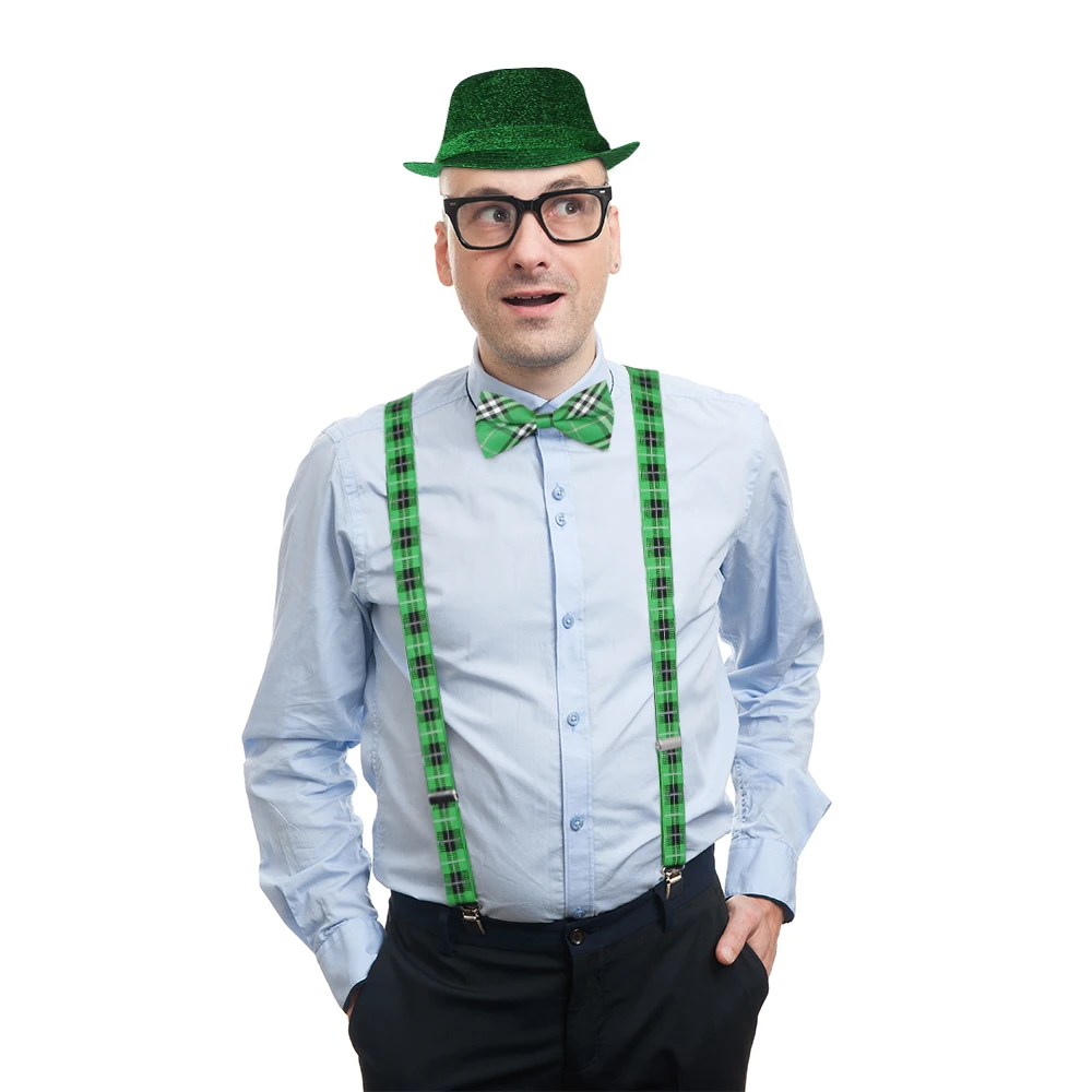 SATINIOR 4 Pièces Accessoires de Costumes de Saint-Patrick Chapeau de Lutin Vert Bretelles Cravate Noeud Papillon de Trèfle pour Faveurs de Fête de la Saint-Patrick 