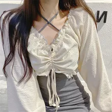 

Women Elegant V-Neck Long Sleeve T-Shirt Fashion Apricot Solid Color Ruffles Drawstring Crop Tops Spring And Autumn