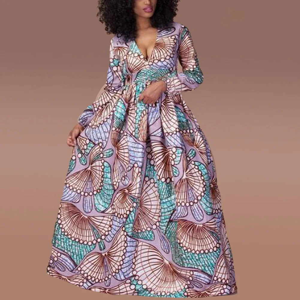 Fadzeco, африканские платья для женщин, Дашики, сексуальные, глубокий v-образный вырез, с пышным рукавом, с этническим принтом, длинное платье макси, этническое, с высокой талией, длинное платье