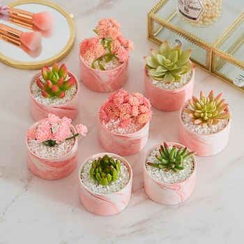 

1 Set Nordic Style Table Flower Pot Wedding Home Decoration of Simulation Succulents Marble Pattern Pink Ceramic Art Vase