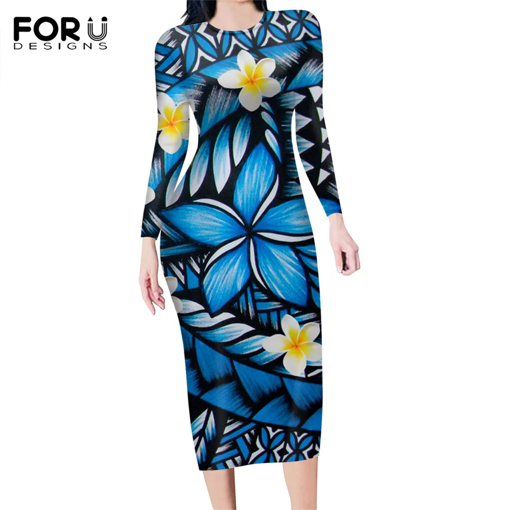

FORUDESIGNS Autumn Office Slim Pencil Dress for Lady Polynesian Tribe Plumeria Floral Pattern Women Long Sleeve Bodycon Stretchy