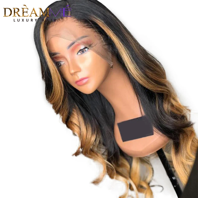 Ombre Blonde Highlight Lace Front Human Hair Wig 13X6 Remy Brazilian Wig Wavy Pre Plucked Lace Wig For Women M(middle ratio