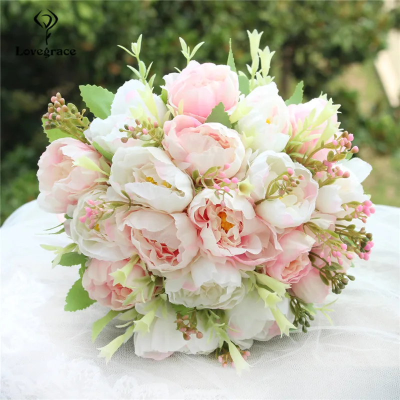 Lovegrace шелковые свадебные цветы Свадебный держатель букетов Свадебный букет для подружек невесты Искусственный Пион Букет для свадьбы - Цвет: C-White-Pink
