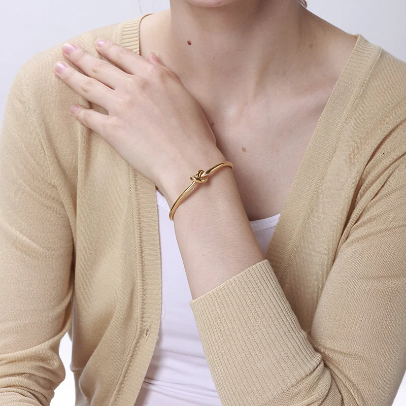 Stainless Steel Bracelet Candid Style Knot Cuff Bangle for Women Gold Color Tie Charm