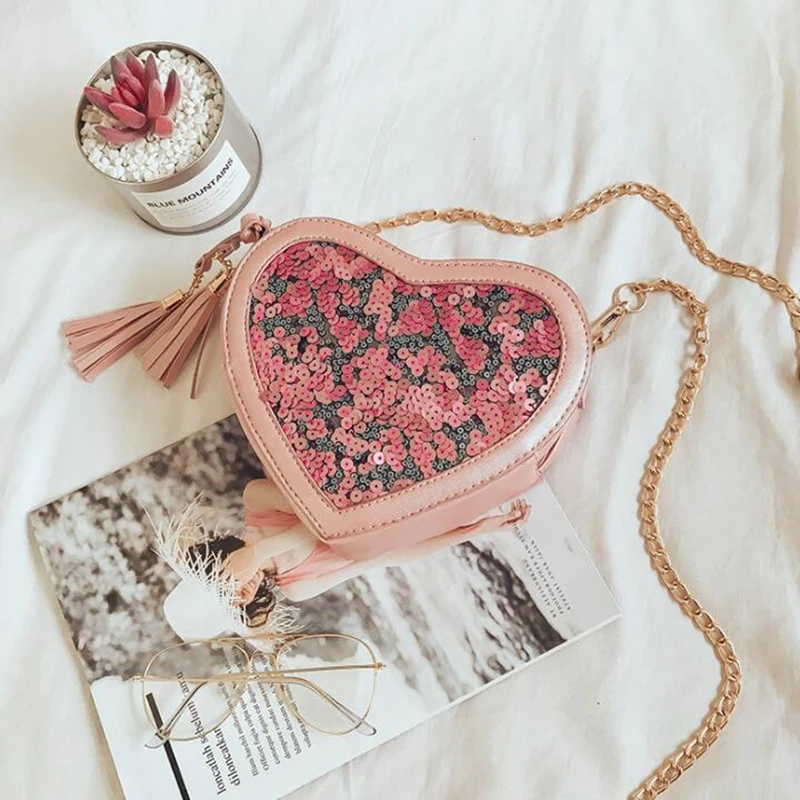 

Heart shape PU Handbags Fashion Designer Sequin Crossbody Bag for Women High Quality Casual Flap Female Pink Messenger Bags