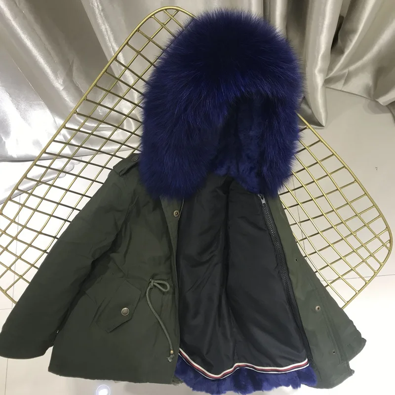 green sapphire fur Одежда для маленьких девочек зимняя куртка Настоящий мех кролика парка для девочек, зимние пальто с лисьим мехом, с капюшоном, отделка, одежда для маленьких мальчиков - Цвет: green sapphire fur