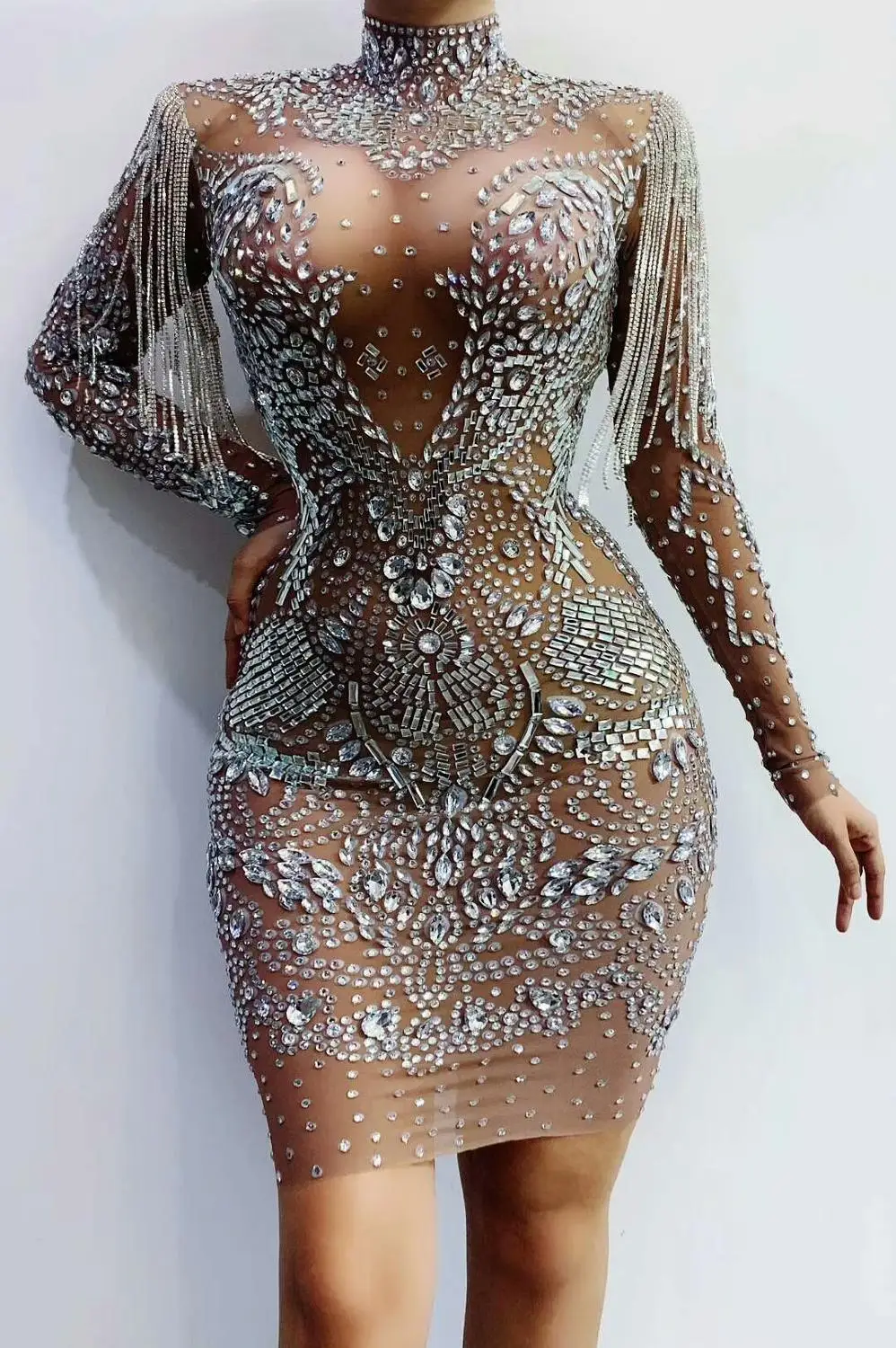 Блестящий Серебряный Горный Хрусталь Бахрома Sheer Dress Женщины День Рождения
