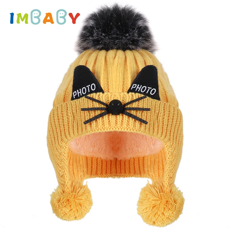 IMBABY/Новая детская зимняя шапка, детская бархатная вязаная шапка для мальчиков и девочек, хлопковая шапка с милыми кошачьими ушками, уличная теплая детская шапка