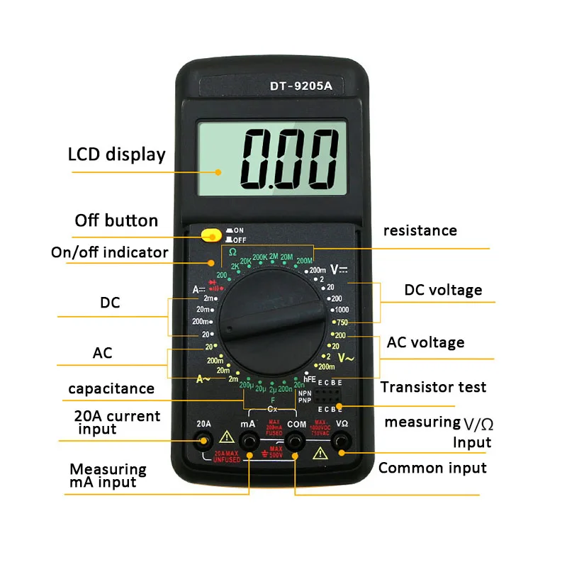 AC DC Digital Multimeter Tester LCD Display Handheld Multimeter Volt Meter DT9205A Multifunctional Portable Voltmeter