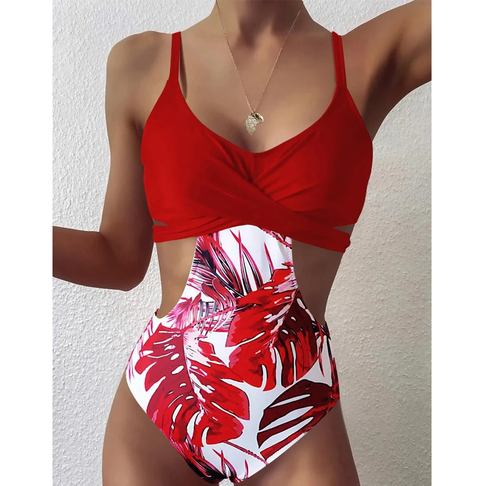 

Bikini 2021 Surfing Swimsuit Women Hollow Out One Piece Bodysuit Leaves Print Sexy Bikini Summer Beach Bathing Push Up Swimwear