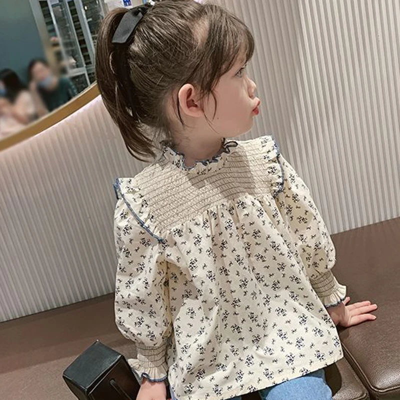 Girls' Shirts Korean Female Baby Floral Shirts Children'S Cotton Spring Autumn Long-Sleeved Shirt Baby Clothing