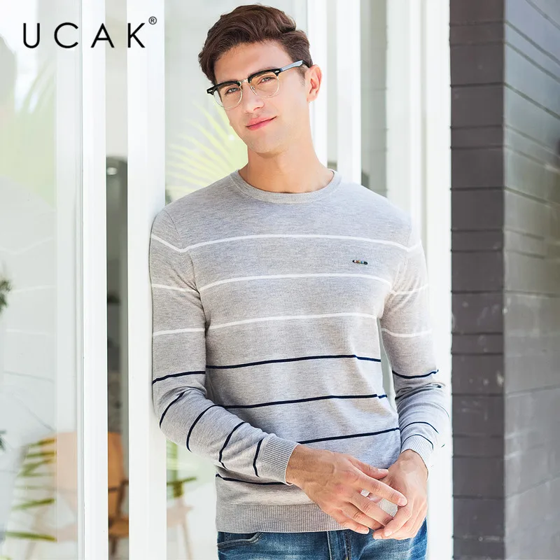 Hot Product UCAK Brand Sweater Men Fashion Striped O-Neck Pull Homme Knitwear Pullover Men Autumn Winter Cotton Sweaters Jersey Hombre U1004