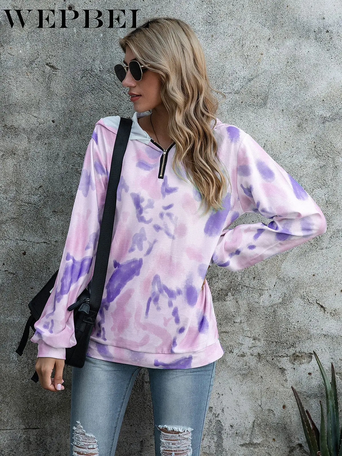 

WEPBEL Autumn Casual Long Sleeve Loose Zip Pullover Fashion Sweatshirt Women's Tie-Dyed Printed Hooded Sweatshirt