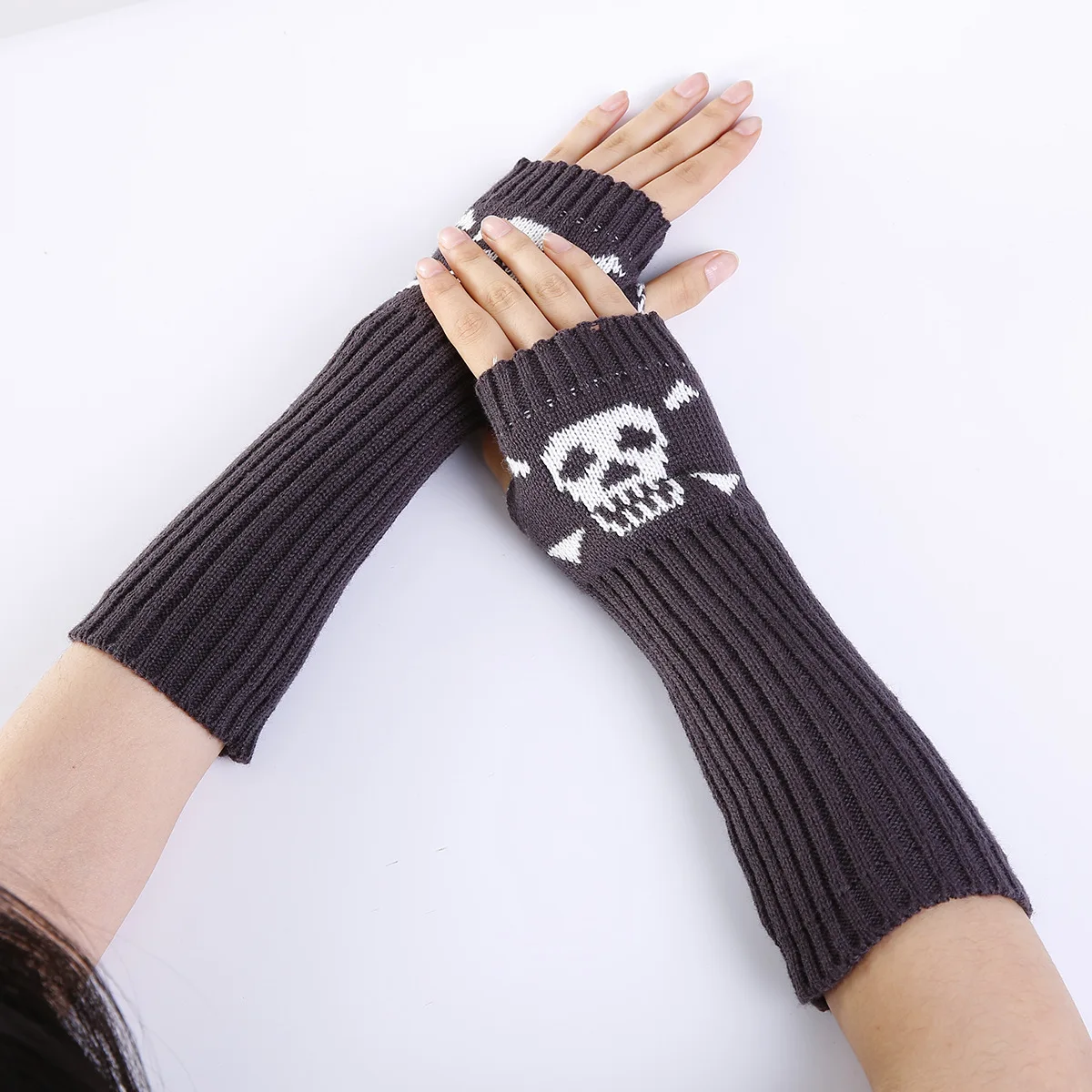 Women Gothic Knitted Skull Gloves 2021 Unisex Stretch Dark Ninja Cool Elbow Length Winter Arm Warmer Hipster Black Long Mittens