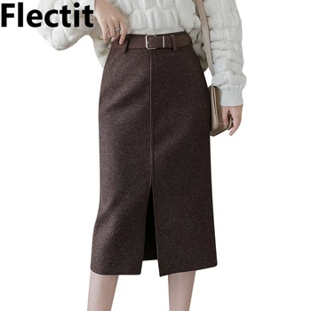 

Flectit Women Wool Pencil Skirt With Belt Front Split High Waist Midi Length Warm Skirt Autumn Winter Ladies Outfits *