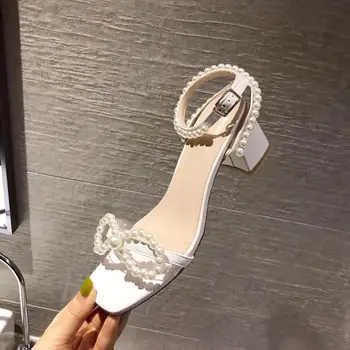 

Clear Heels Low Sandals Woman Leather Buckle Strap Female Shoe Bow Shoes 2020 Women's Med Low-heeled Block Real Ladies Pearl