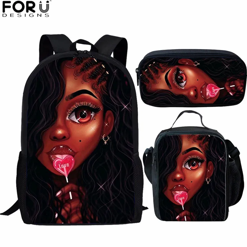 

FORUDESIGNS 3PCS/Set School Bag Cartoon Black Girl Print Kids Schoolbag African Girls Backpack Children Bookbag mochila escolar