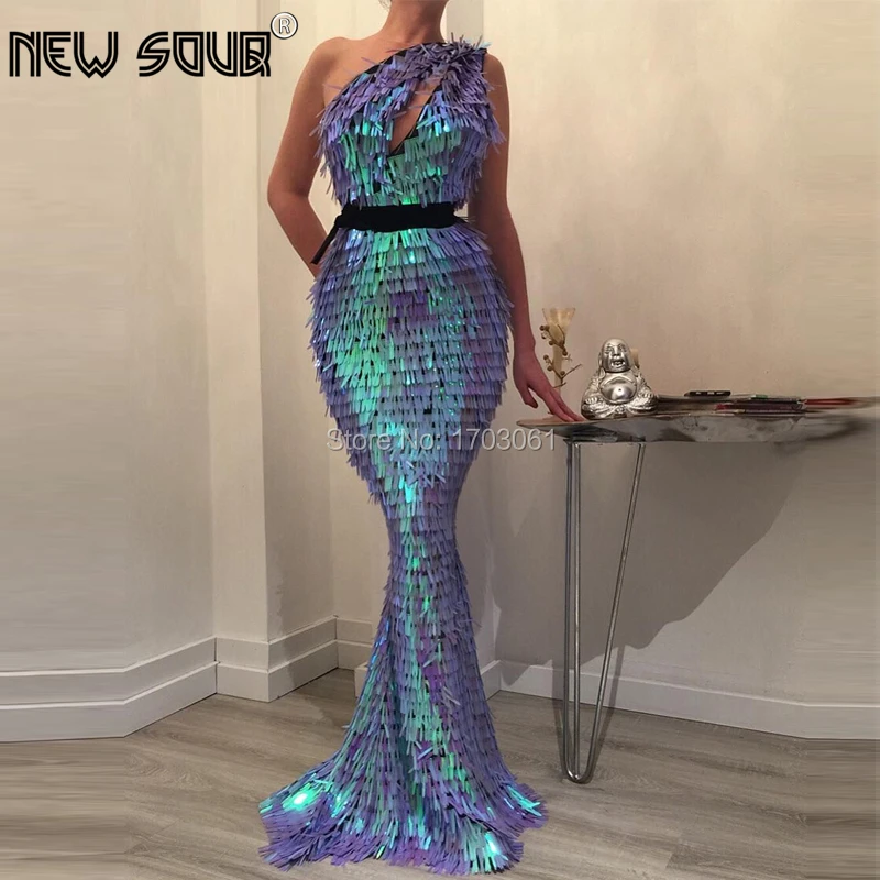 

Shining Mermaid Sequins Prom Dresses Sleeveless Robe De Soiree Long Prom Dress For Dubai Arabic Custom Made Kaftans Party Gowns