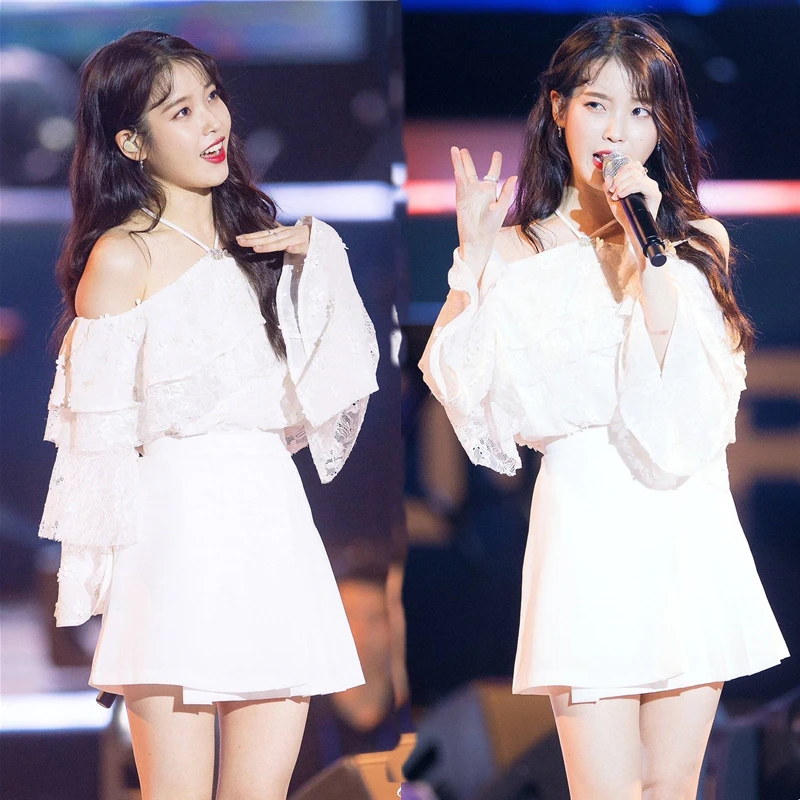 Kpop IU Lee Ji Eun новые белые кружевные топы на бретельках с открытыми плечами и