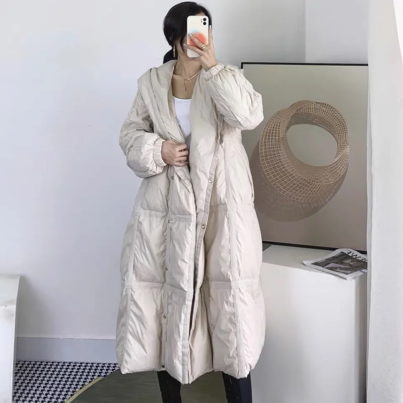 

Женское пальто на утином пуху 90, новинка зимы 2022, свободное теплое пальто, женское пуховое пальто с капюшоном, длинная модная верхняя одежда оверсайз