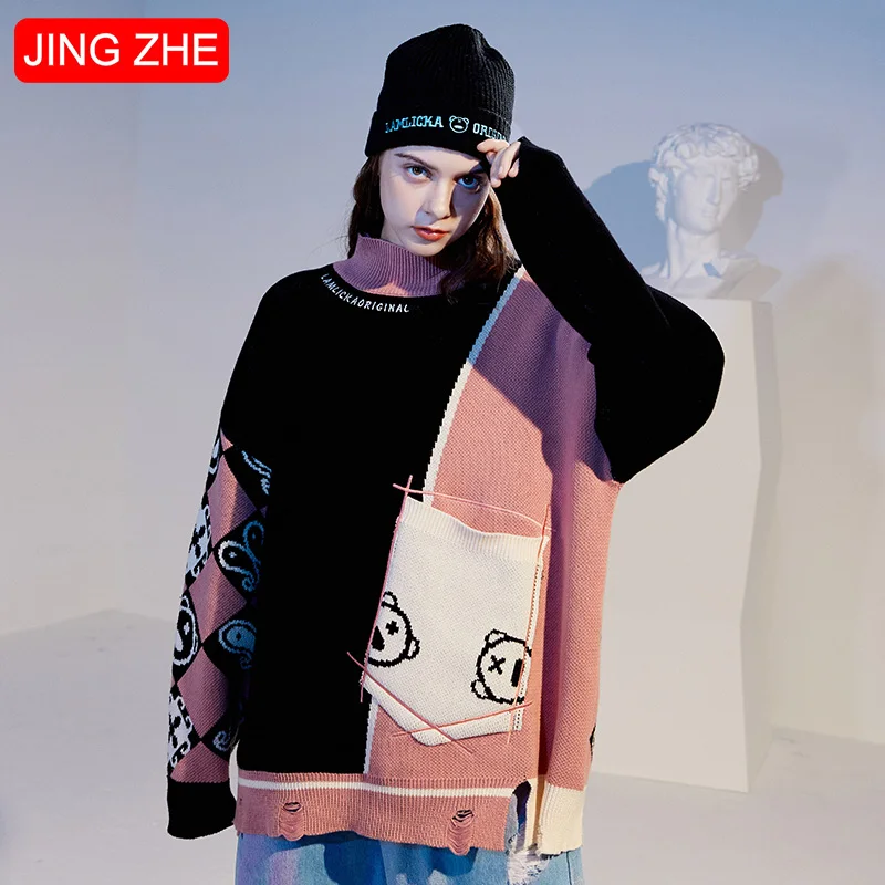 

JING ZHE Christmas Women Sweaters Winter Knitwear Warm Knitted Sweater Harajuku Cute Print Pullover Couple Patchwork Clothes Top