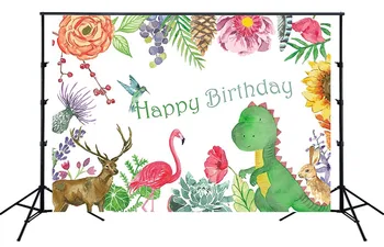 

Dinosaur flamingo pink floral tropical leaves Backdrop jungle animals theme birthday party wall decor Photo background SM-414