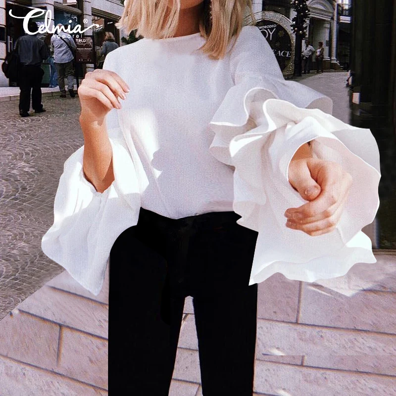 Women Blouses Plus Size Autumn Ruffled Tops 2020 Celmia Fashion Long Sleeve Loose Solid Female Shirts O Neck Casual Blusas Mujer Women Blouses Plus Size Autumn Ruffled Tops 2020 Celmia Fashion Long Sleeve Loose Solid Female Shirts O Neck Casual Blusas Mujer
