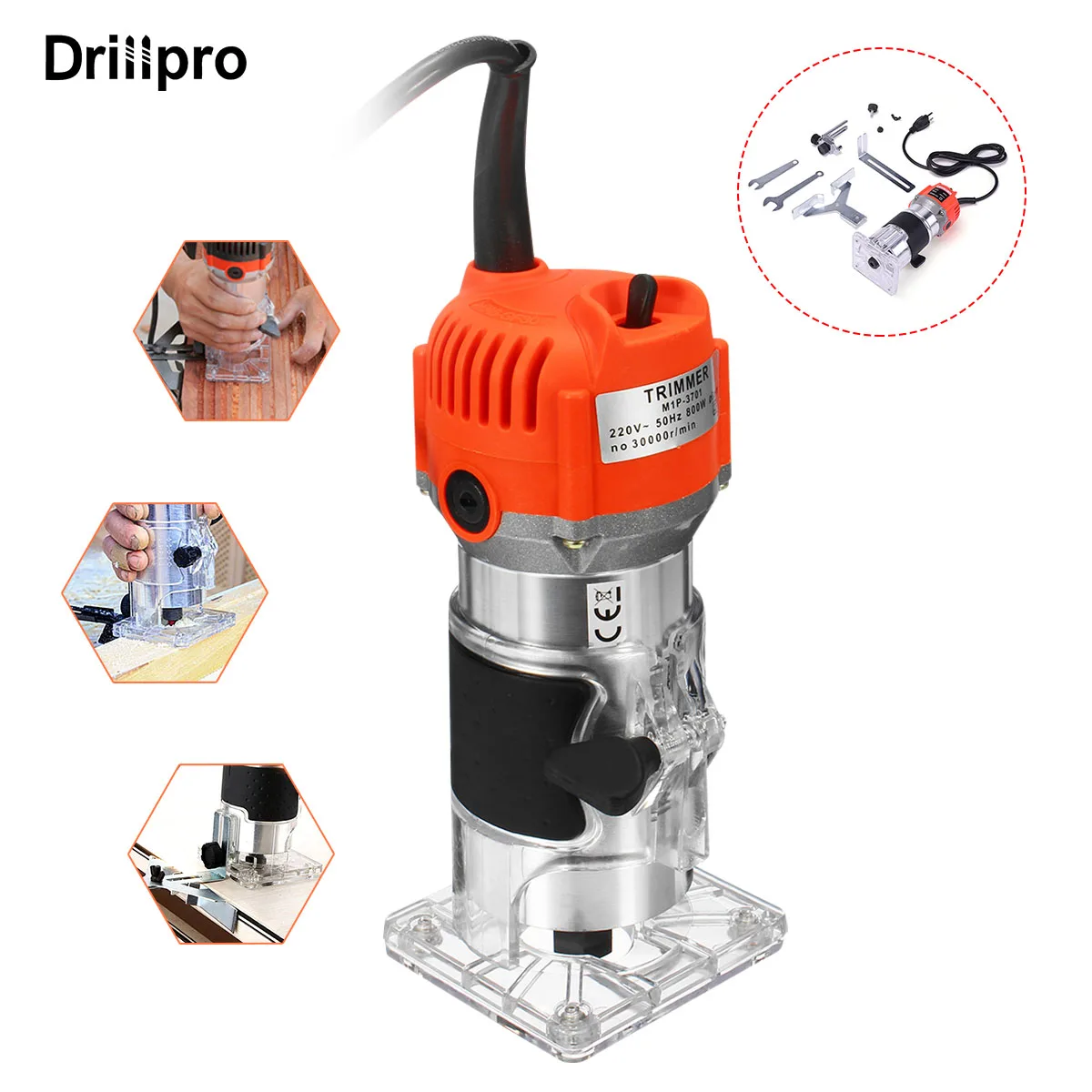 Drillpro 800w 30000r/min Woodworking Electric Trimmer 220V Slotting Trimming Machine Trimmer Milling Engraving Power Tools DIY