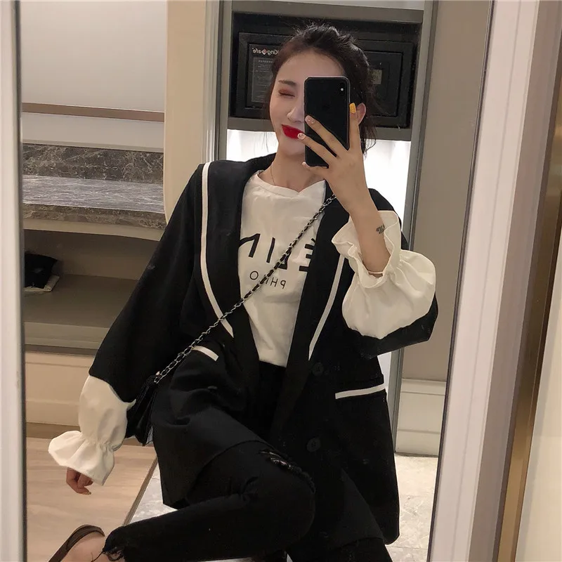 

2019 Women's Autumn New Style Retro Mid-length Loose-Fit Joint hua bao xiu Suit Casual Long Sleeve Hong Kong Style Coat Tops
