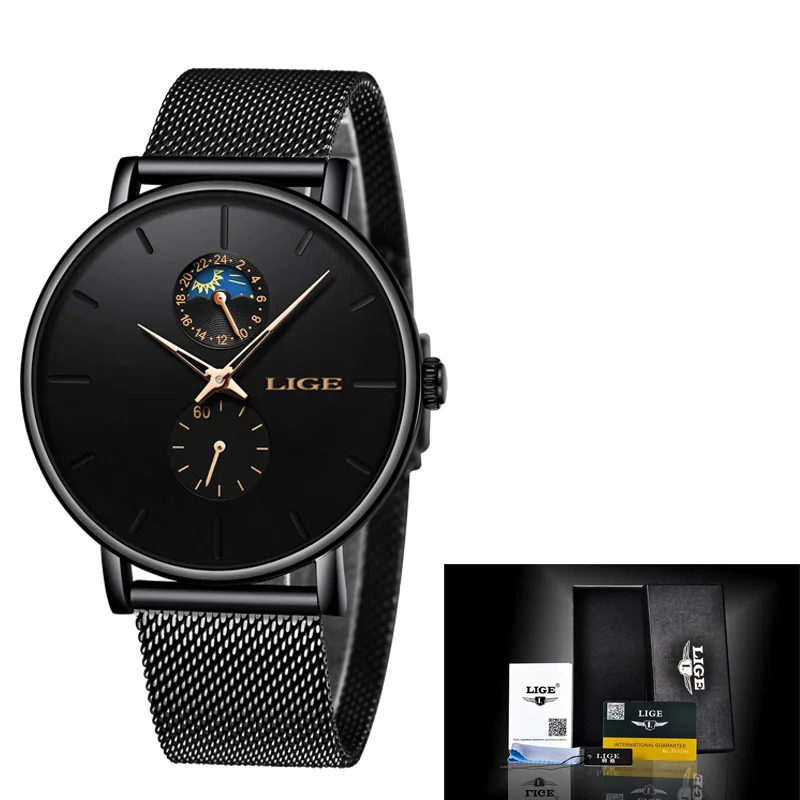 LIGE Womens Watches Top Brand Luxury Waterproof Watch Fashion Ladies Stainless Steel Ultra-Thin Casual Wrist Watch Quartz Clock - Цвет: Black gold