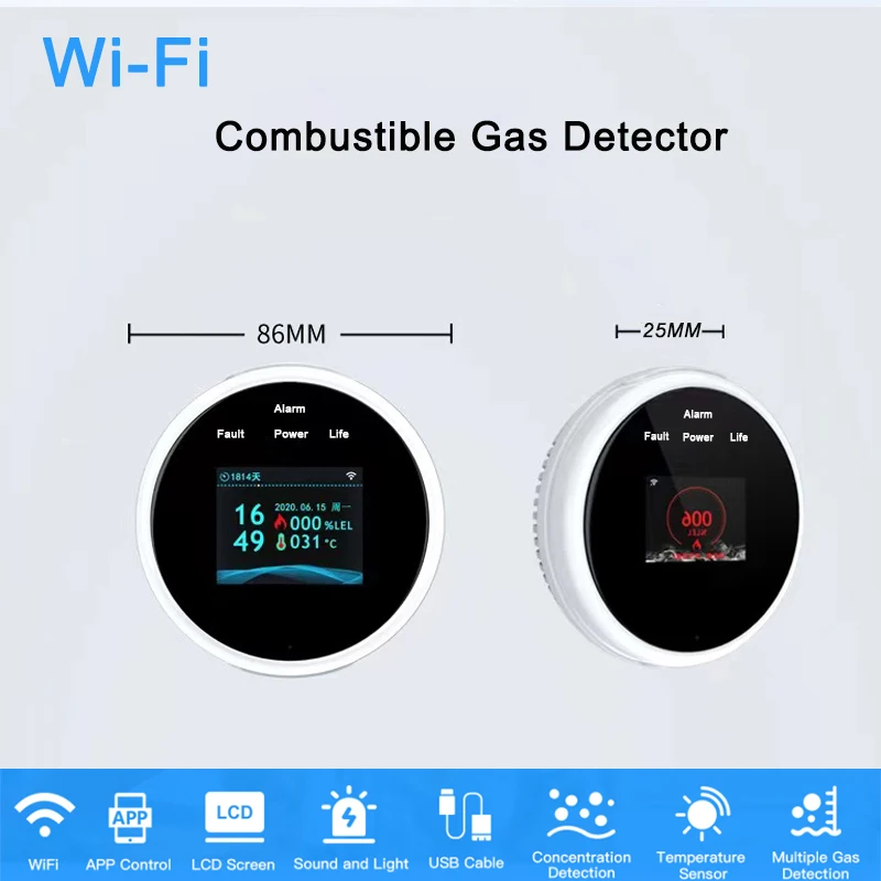 Tanie Wyświetlacz LCD inteligentny czujnik Tuya Wifi palny wyciek gazu ziemnego