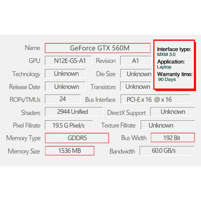GTX560M GTX 560M GDDR5 1.5GB N12E-GS-A1 Video
