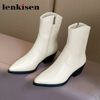 

Lenkisen European style split leather pointed toe high heel western boots three colors beauty lady daily wear ankle boots L56
