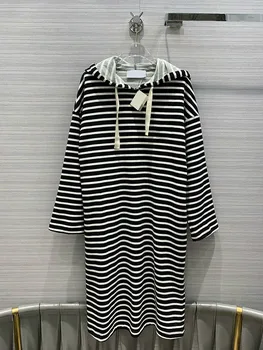 

Striped Casual Loose Hoodies Dress for Women 2020 Autumn Soft Long Sleeves Lace-up Smiley Face Hooded pockets Mid-length Dresses