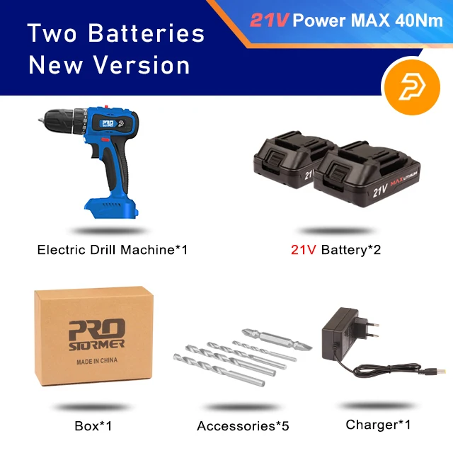 20V/21V Brushless Electric Drill 40NM/45NM Cordless Screwdriver Li-ion Battery Mini Electric Power Drill 5pcs Bit By PROSTORMER PTET00902A