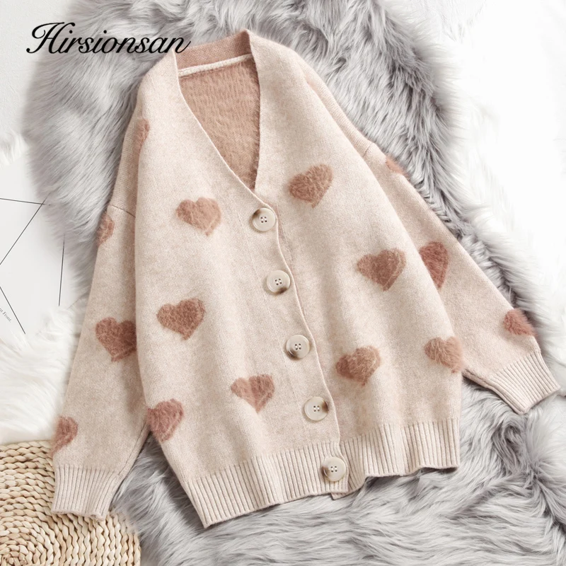 Comprar Suéter de cachemira Hirsionsan para mujer Otoño Invierno 2019 cárdigans tejidos corazón Kawaii ropa suelta de gran tamaño suave tirón caliente Mujer