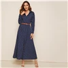 SHEIN Navy Polka Dot Print Buttoned Shirt Maxi Dress With Belted Women Autumn Long Sleeve Shift High Waist Casual Dresses