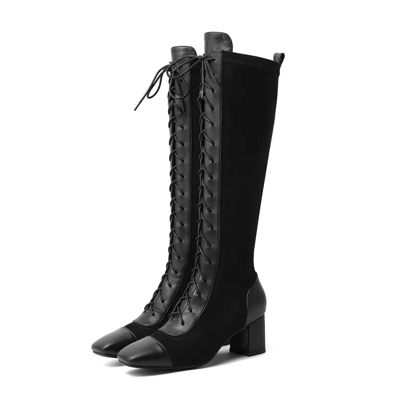 MORAZORA/Коллекция года; обувь из натуральной кожи наивысшего качества; женские сапоги до колена на шнуровке; модная Осенняя женская обувь на высоком квадратном каблуке