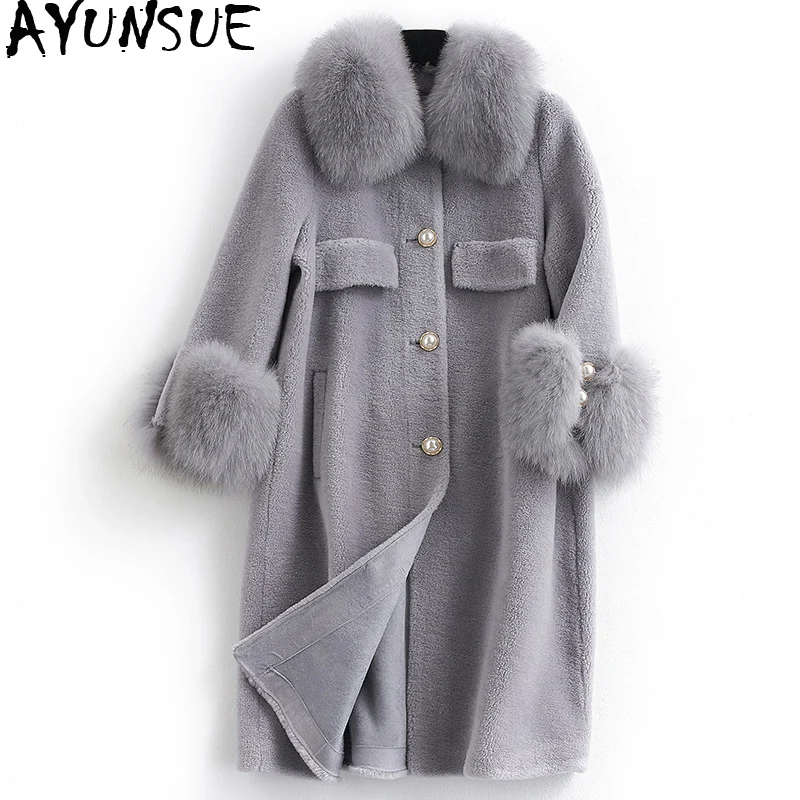 

AYUNSUE Real Fur Coat Female Fox Fur Collar Sheep Shearling Fur Jackets Winter Jacket Women 100% Wool Coat Chaqueta Mujer MY3838